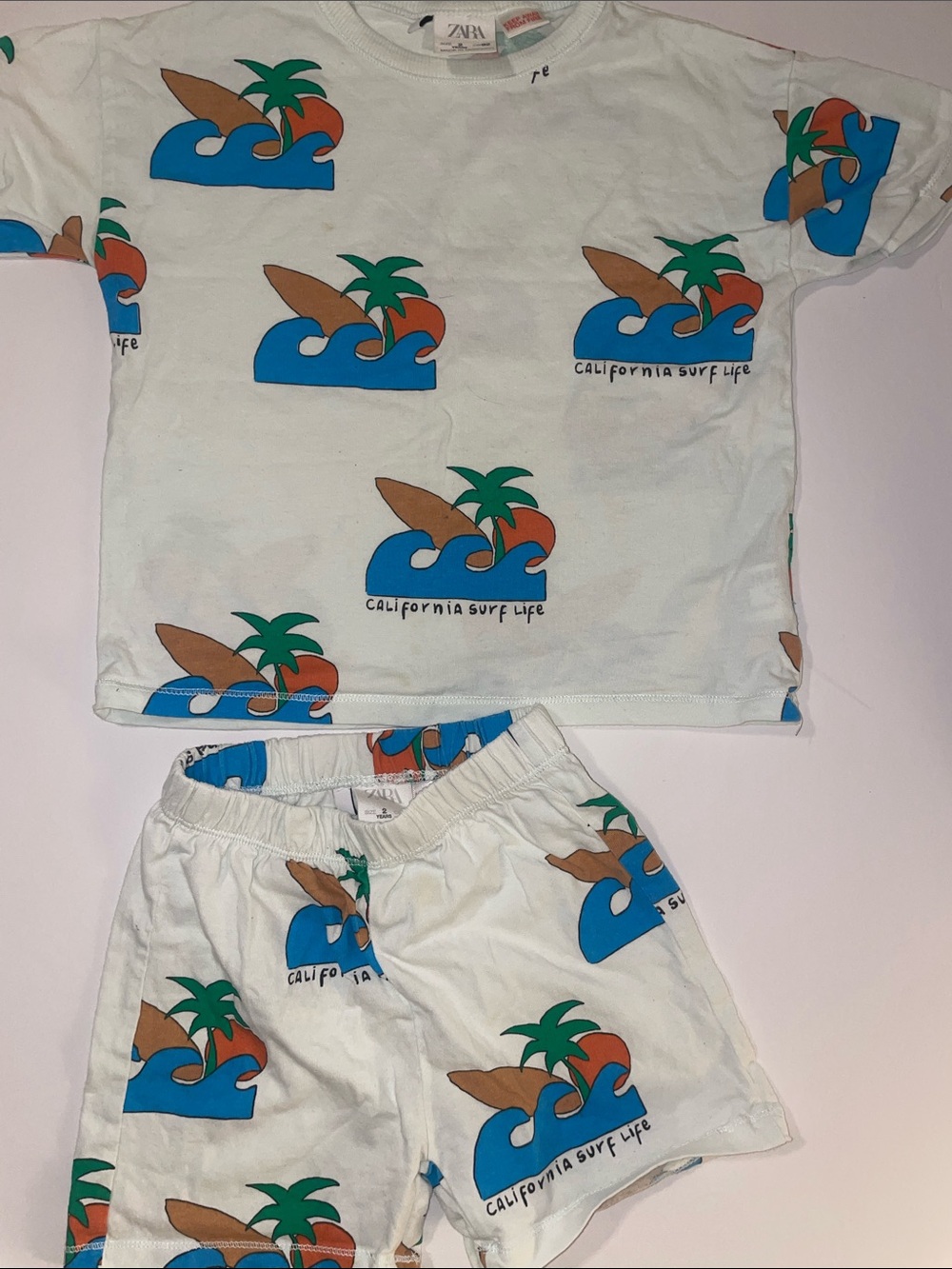 Zara White tropical summer Set with Blue Waves, Green Palms & Browny Surfboards